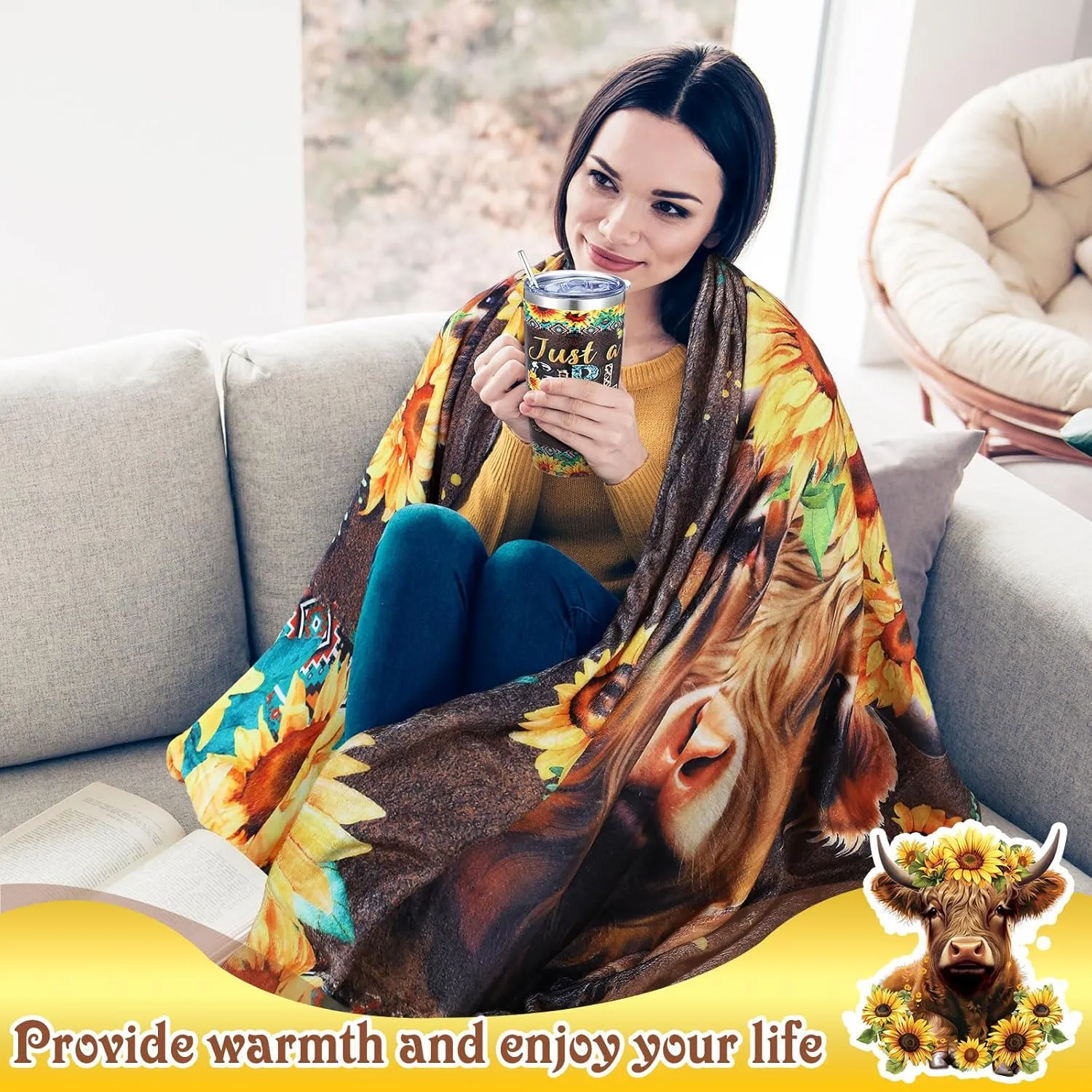 6 Pcs Sunflower Highland Cow Gifts for Women Include 20 oz Just A Little Moody Handbag Stainless Steel Tumbler with Lid Straw Cosmetic Bag Throw Blanket Keychain Socks for Highland Cow Lover