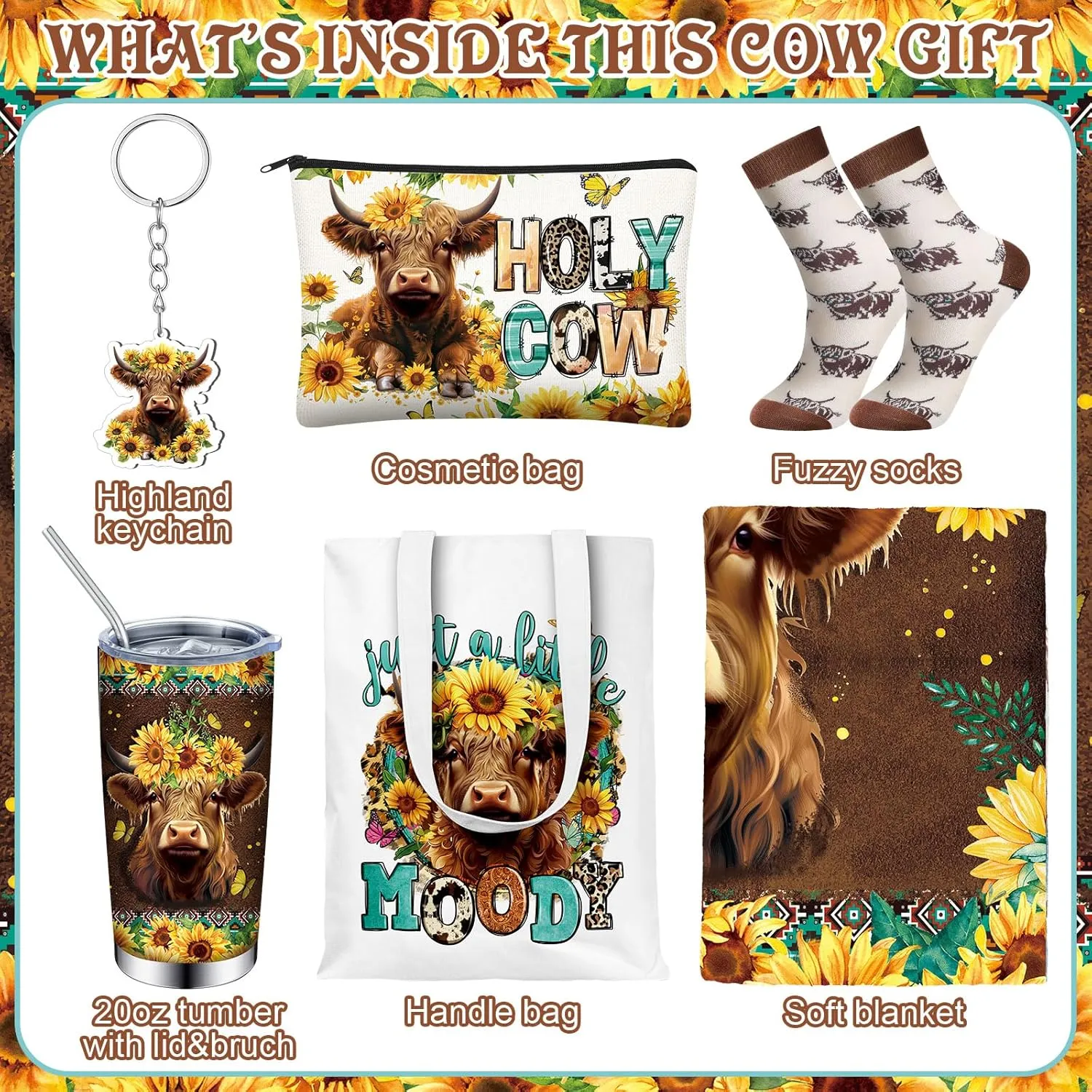 6 Pcs Sunflower Highland Cow Gifts for Women Include 20 oz Just A Little Moody Handbag Stainless Steel Tumbler with Lid Straw Cosmetic Bag Throw Blanket Keychain Socks for Highland Cow Lover