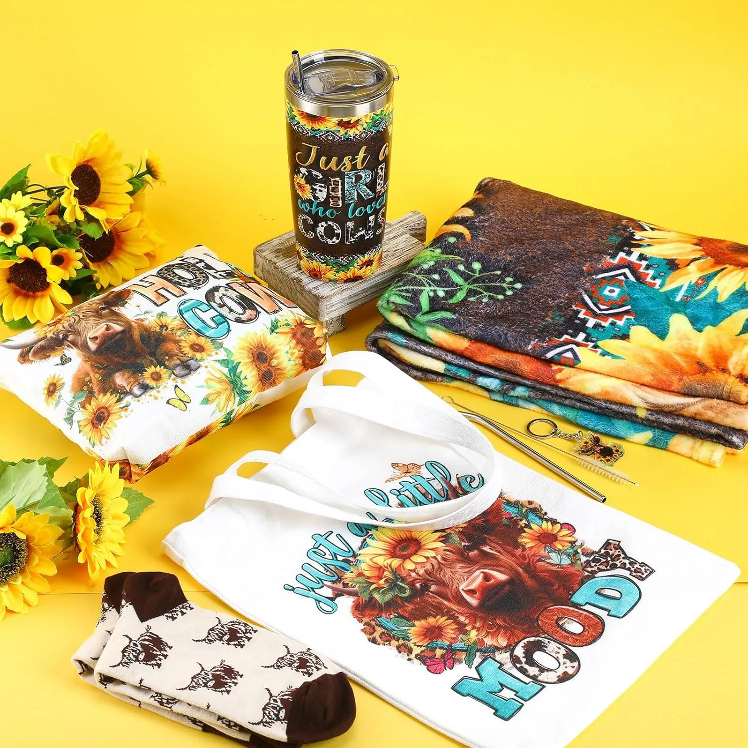 6 Pcs Sunflower Highland Cow Gifts for Women Include 20 oz Just A Little Moody Handbag Stainless Steel Tumbler with Lid Straw Cosmetic Bag Throw Blanket Keychain Socks for Highland Cow Lover