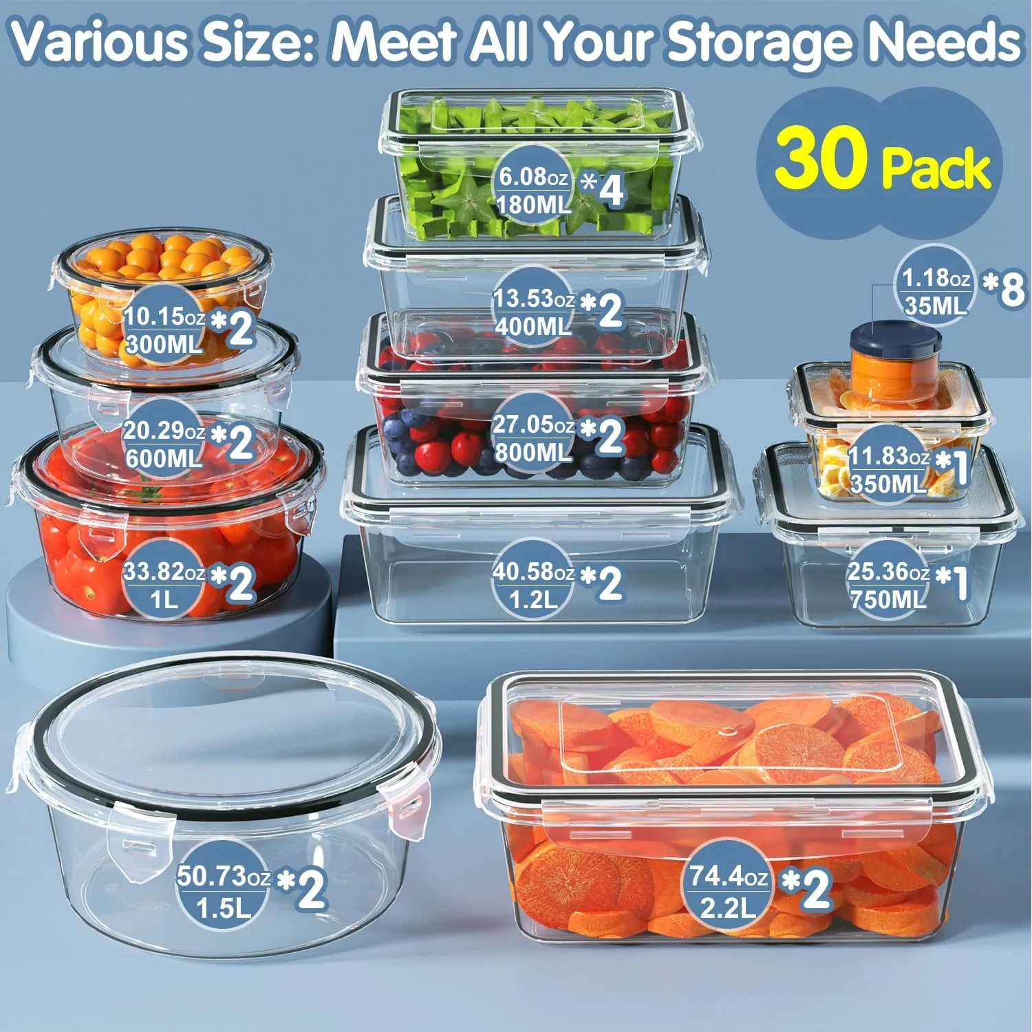 60-Piece Large Food Storage Containers Set - Leakproof, BPA-Free Plastic with Lids Airtight for Kitchen Storage and Organization Reusable with Labels Pen- Microwave Dishwasher Freezer Safe