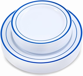60 Pieces White Plastic Disposable Plates - Premium Heavy-Duty 30 Dinner Plates & 30 Salad Plates with Blue Rim Ideal for Party, Birthday and Special Events