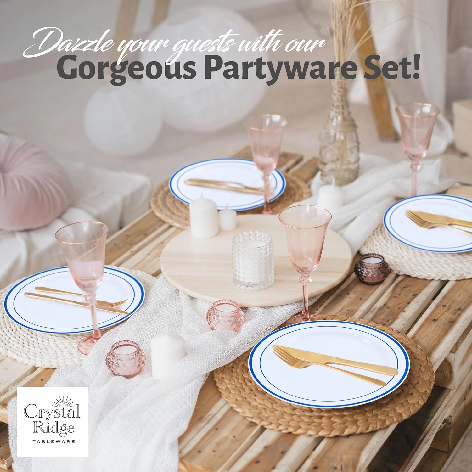 60 Pieces White Plastic Disposable Plates - Premium Heavy-Duty 30 Dinner Plates & 30 Salad Plates with Blue Rim Ideal for Party, Birthday and Special Events