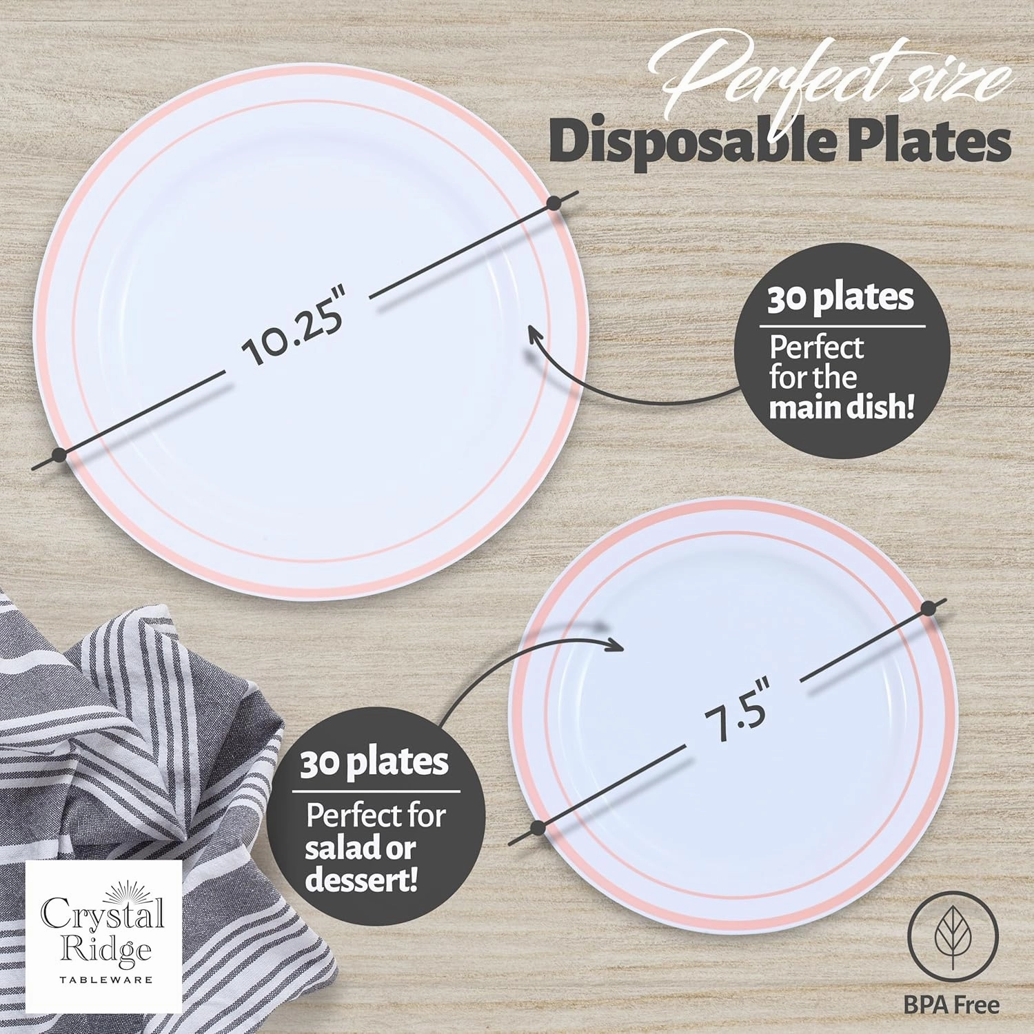 60 Pieces White Plastic Disposable Plates - Premium Heavy-Duty 30 Dinner Plates & 30 Salad Plates with Pink Rim Ideal for Party, Birthday and Special Events