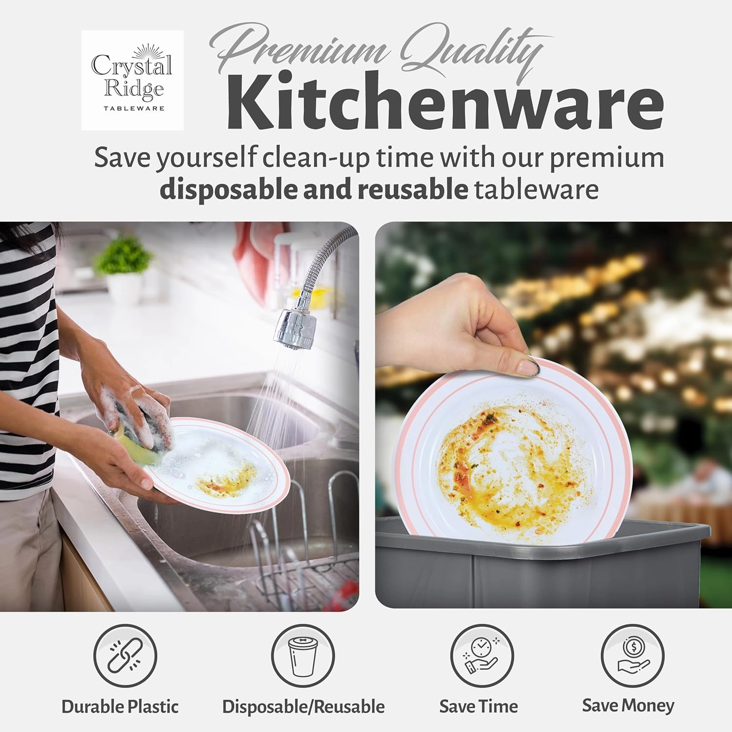 60 Pieces White Plastic Disposable Plates - Premium Heavy-Duty 30 Dinner Plates & 30 Salad Plates with Pink Rim Ideal for Party, Birthday and Special Events