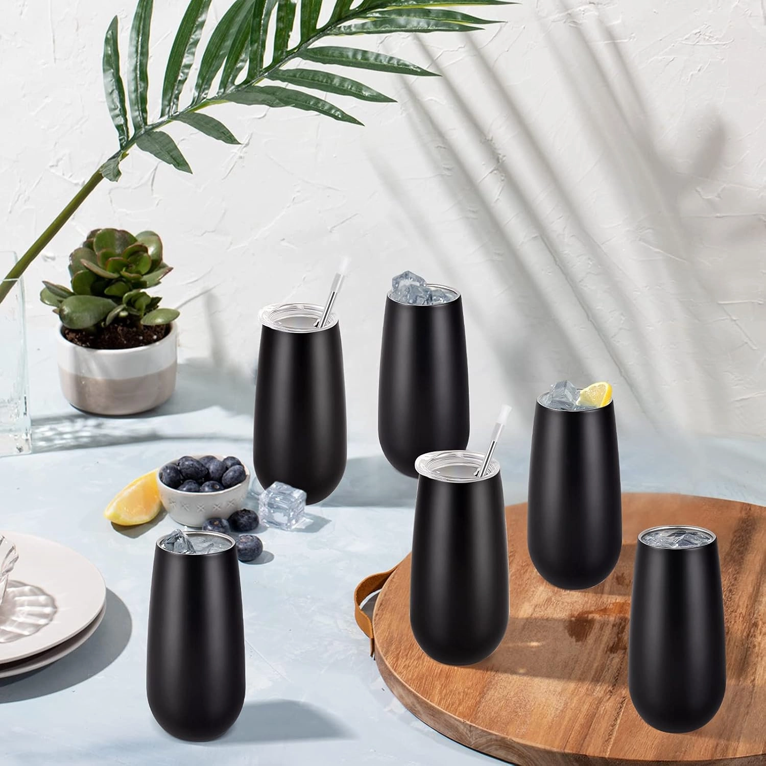 6 Pack Stemless Double Insulated Champagne Flute Tumbler with Lid, 6 Oz Unbreakable Reusable Cocktail Cups Champagne Toasting Glasses, Birthday Christmas Gifts for Friends, Wine Glass Tumbler, Black