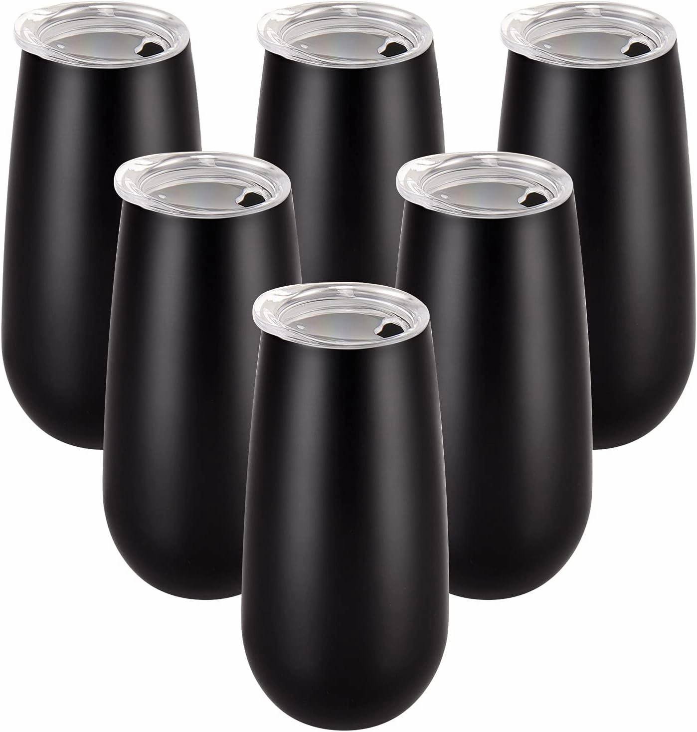 6 Pack Stemless Double Insulated Champagne Flute Tumbler with Lid, 6 Oz Unbreakable Reusable Cocktail Cups Champagne Toasting Glasses, Birthday Christmas Gifts for Friends, Wine Glass Tumbler, Black