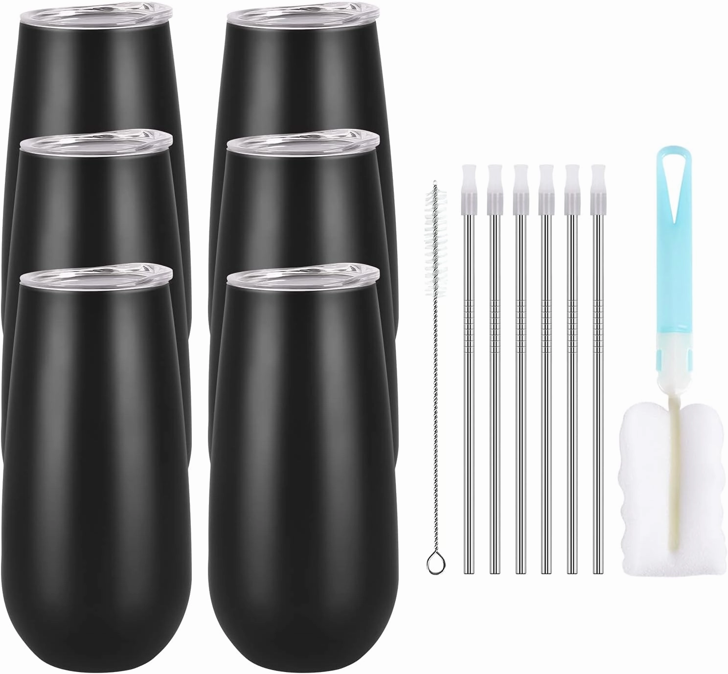 6 Pack Stemless Double Insulated Champagne Flute Tumbler with Lid, 6 Oz Unbreakable Reusable Cocktail Cups Champagne Toasting Glasses, Birthday Christmas Gifts for Friends, Wine Glass Tumbler, Black