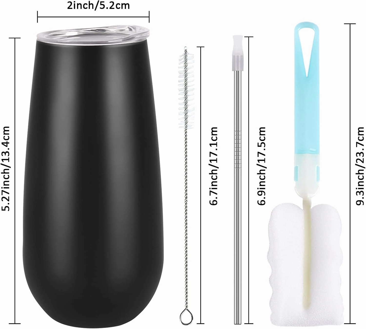 6 Pack Stemless Double Insulated Champagne Flute Tumbler with Lid, 6 Oz Unbreakable Reusable Cocktail Cups Champagne Toasting Glasses, Birthday Christmas Gifts for Friends, Wine Glass Tumbler, Black