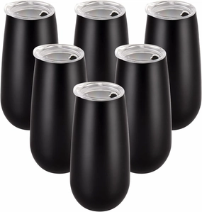 6 Pack Stemless Double Insulated Champagne Flute Tumbler with Lid, 6 Oz Unbreakable Reusable Cocktail Cups Champagne Toasting Glasses, Birthday Christmas Gifts for Friends, Wine Glass Tumbler, Black