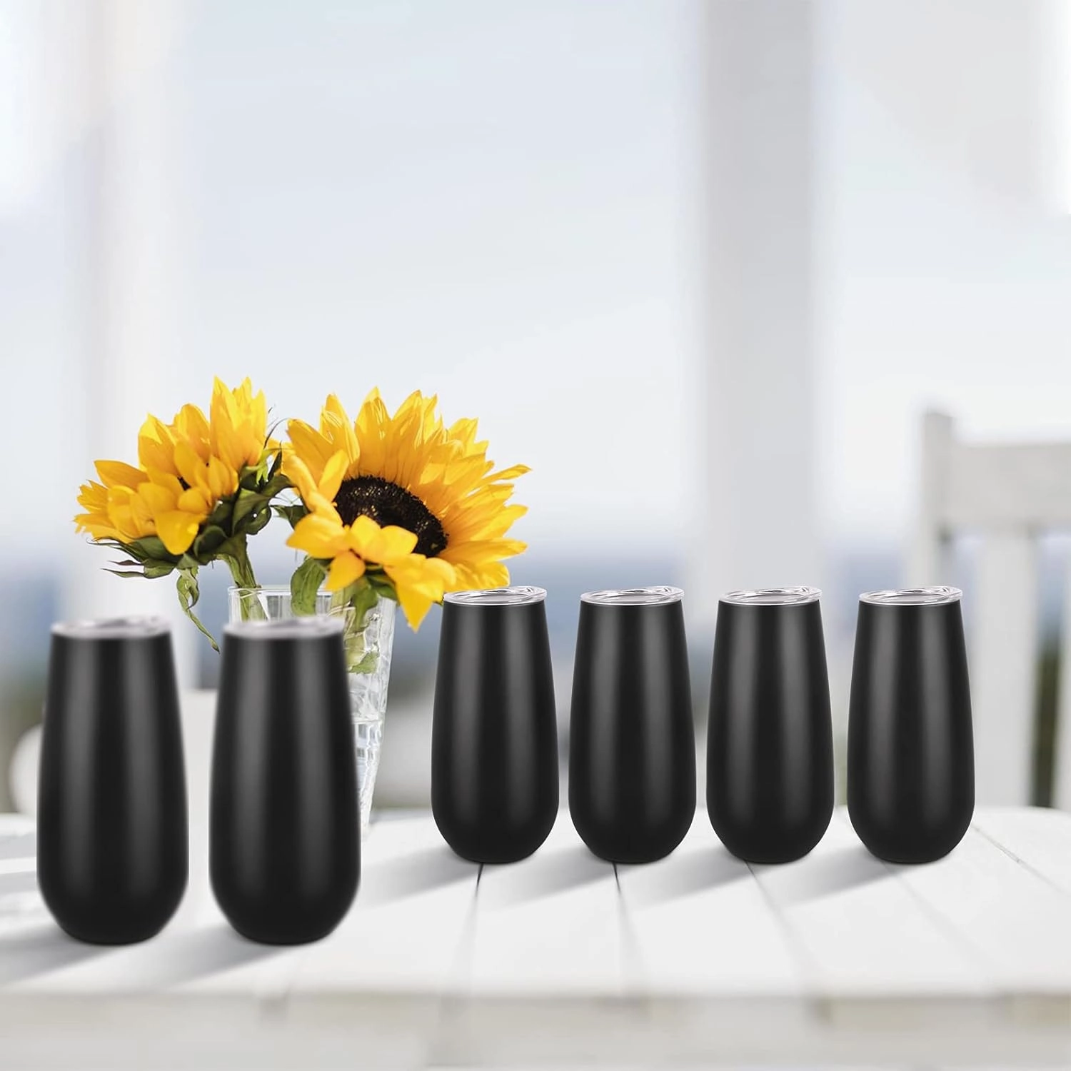 6 Pack Stemless Double Insulated Champagne Flute Tumbler with Lid, 6 Oz Unbreakable Reusable Cocktail Cups Champagne Toasting Glasses, Birthday Christmas Gifts for Friends, Wine Glass Tumbler, Black
