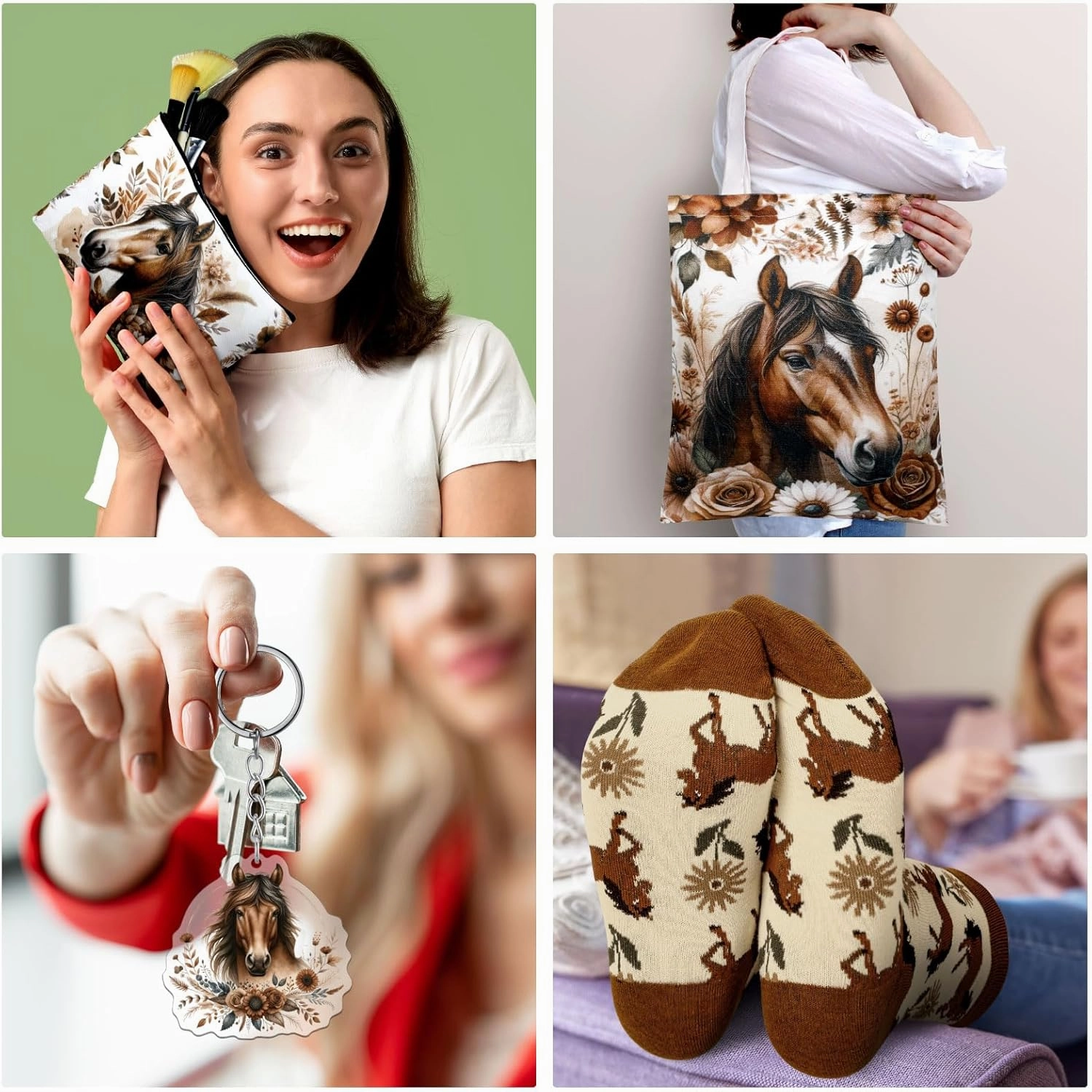 6 Pcs Horse Gifts for Women Include 20 oz Horse Stainless Steel Tumbler with Lid Straw Cosmetic Bag Just A Girl Who Loves Horses Throw Blanket Keychain Socks Handbag for Women Girls