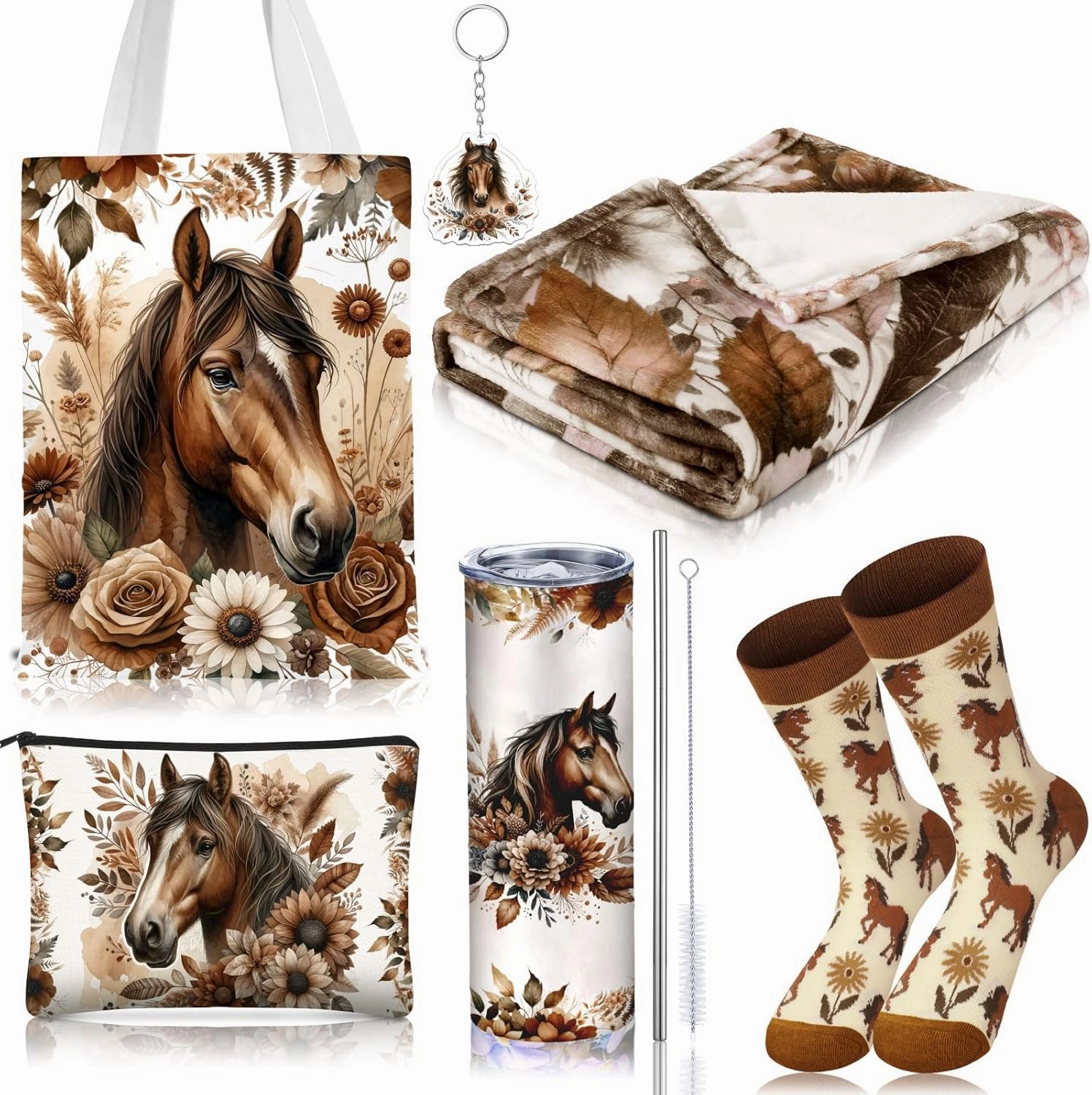 6 Pcs Horse Gifts for Women Include 20 oz Horse Stainless Steel Tumbler with Lid Straw Cosmetic Bag Just A Girl Who Loves Horses Throw Blanket Keychain Socks Handbag for Women Girls
