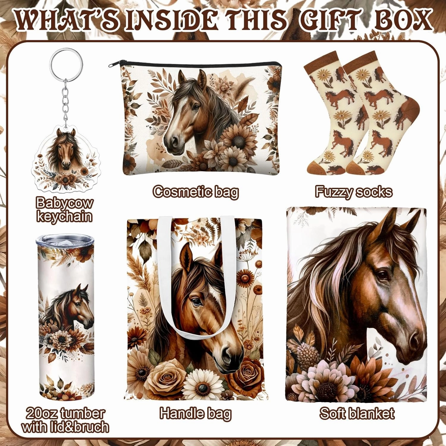 6 Pcs Horse Gifts for Women Include 20 oz Horse Stainless Steel Tumbler with Lid Straw Cosmetic Bag Just A Girl Who Loves Horses Throw Blanket Keychain Socks Handbag for Women Girls