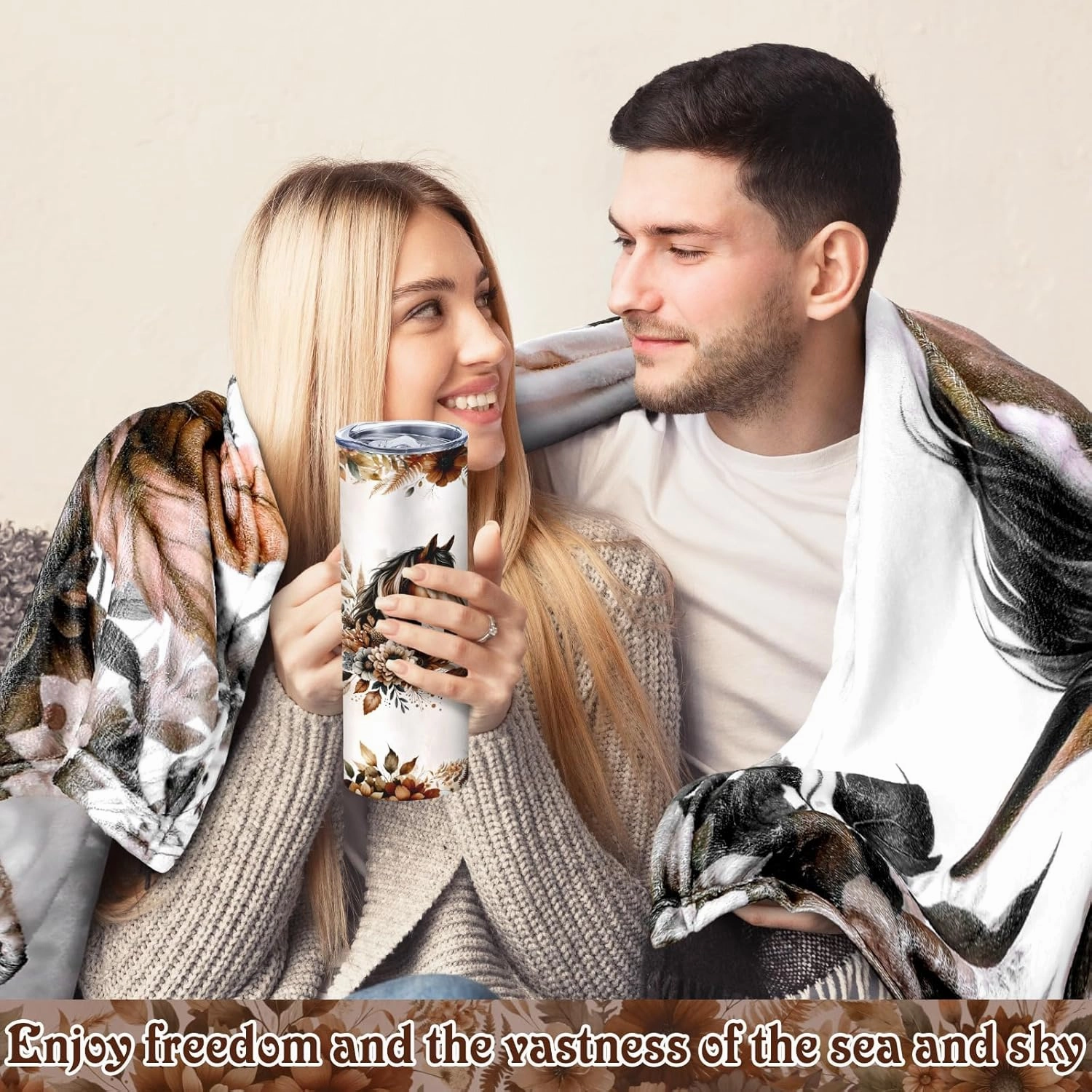 6 Pcs Horse Gifts for Women Include 20 oz Horse Stainless Steel Tumbler with Lid Straw Cosmetic Bag Just A Girl Who Loves Horses Throw Blanket Keychain Socks Handbag for Women Girls