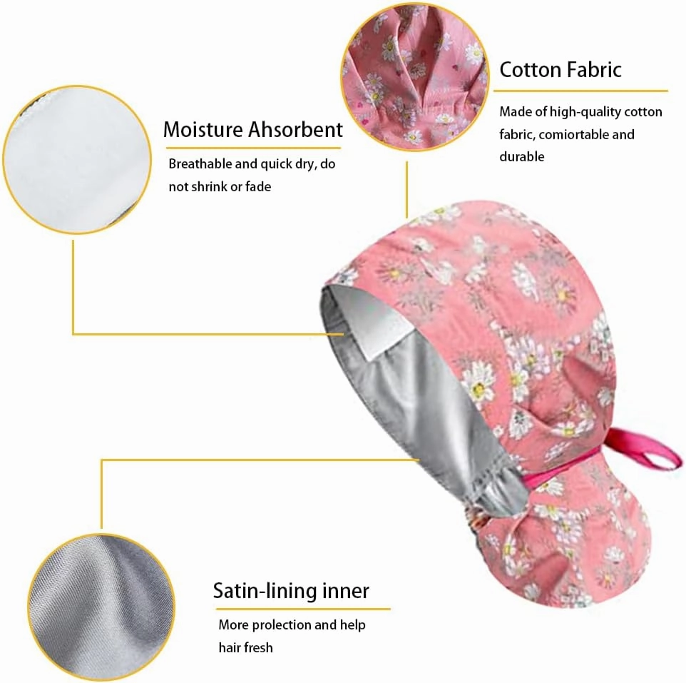 6Pcs Satin Lined Scrub Caps Women, Adjustable Surgical Caps for Women, Nurse Caps for Women Men with Button and Sweatband