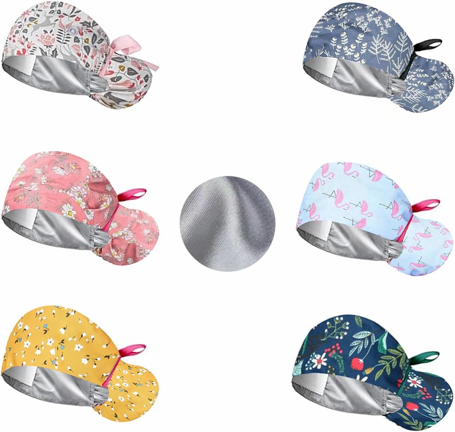 6Pcs Satin Lined Scrub Caps Women, Adjustable Surgical Caps for Women, Nurse Caps for Women Men with Button and Sweatband
