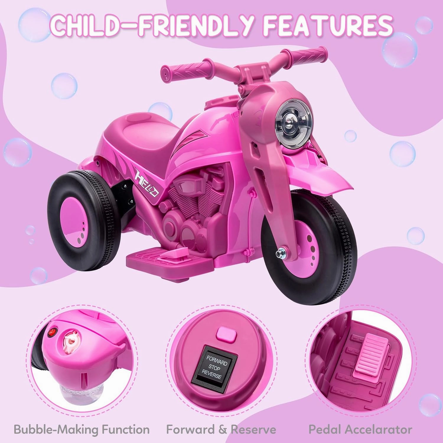 6V Electric Bubble Car, Toddler Motorcycle Automatic Bubble Function, Foot Pedal, Headlight & Music 3 Wheels Vehicle for 3 and Up Boys Girls