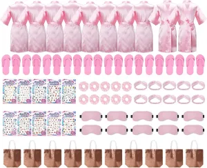 70 Pieces Favors Slumber Spa Party Birthday Girl Silky Robe with Hair Band Slippers Hair Ring Nail Stickers Eye Mask Handbag (peach pink set of 10, 14)