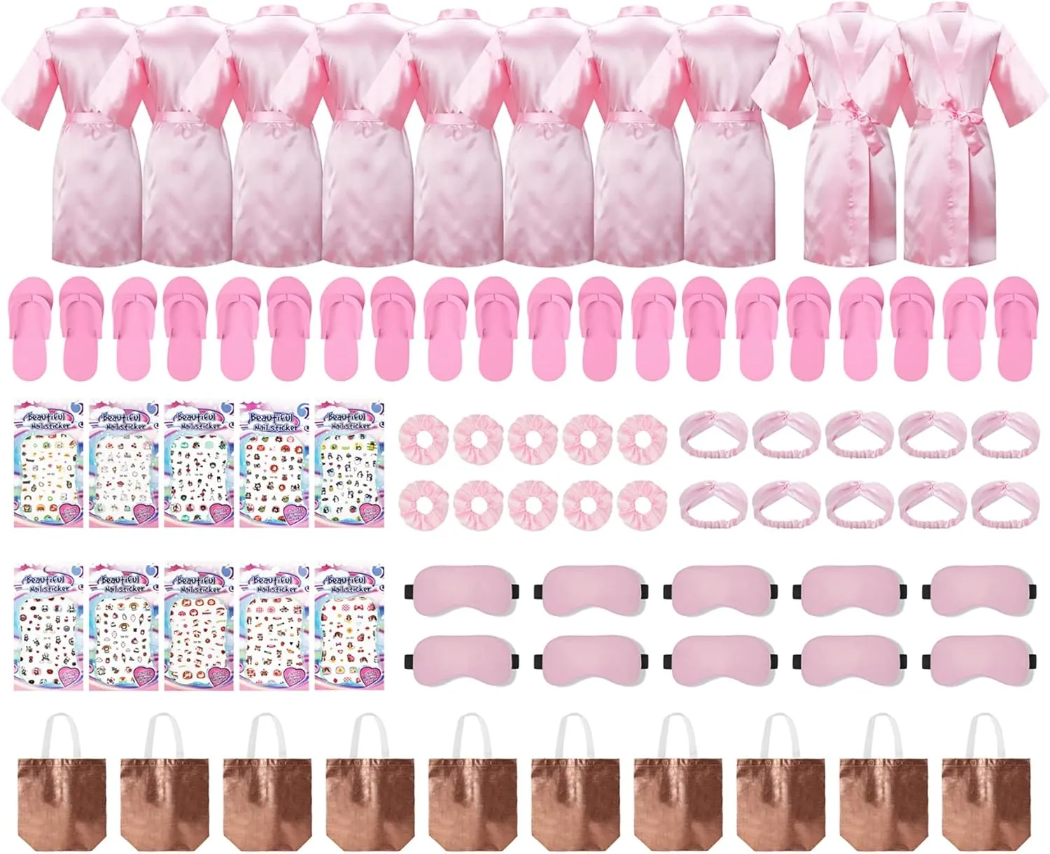 70 Pieces Favors Slumber Spa Party Birthday Girl Silky Robe with Hair Band Slippers Hair Ring Nail Stickers Eye Mask Handbag (peach pink set of 10, 14)