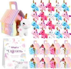 73 Pcs Unicorn Party Favors Set for Girls 24 Mini Plush Unicorn Stuffed Animal 24 Gift Box 24 Adoption Cards 1 Animal Sign Bulk with Carton House for Adopt a Pet Party Favor Birthday Supply