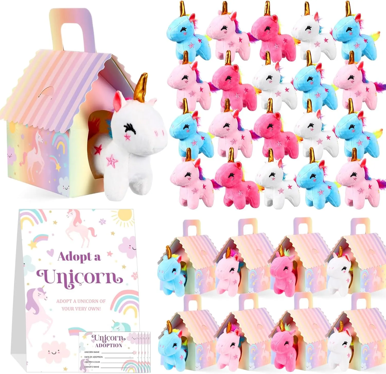 73 Pcs Unicorn Party Favors Set for Girls 24 Mini Plush Unicorn Stuffed Animal 24 Gift Box 24 Adoption Cards 1 Animal Sign Bulk with Carton House for Adopt a Pet Party Favor Birthday Supply