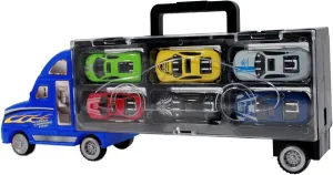 7pc Thunder Wheels Toy Truck Diecast Race Car Carrier Set - Blue