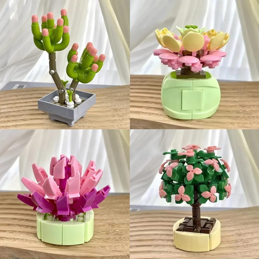 8 Packs Building Blocks Succulent Plant Creative Bouquet Bricks Kits DIY Assembled Toy Collectible Mini Potted Plants Flowers Building Blocks Toy Sets Gifts for Kids 696 Pieces