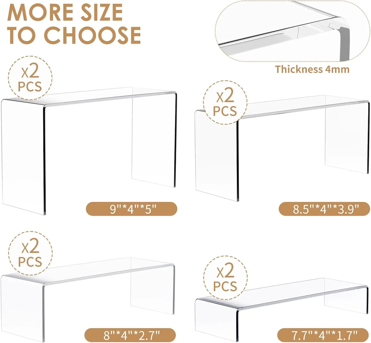 8 Pieces Large Display Risers, 4" Wide Clear Rectangular Tabletop Shelf for Showcase Collectibles, Acrylic Stand for Retail Desktop Jewelry Funko Pop Figures