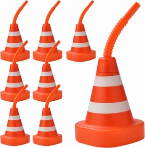 8-Pack Construction Cone Cups Set, 10 oz Kids Party Favor Cups with Straws Bulk for Construction Traffic Theme Racing Car Birthday Party Supplies