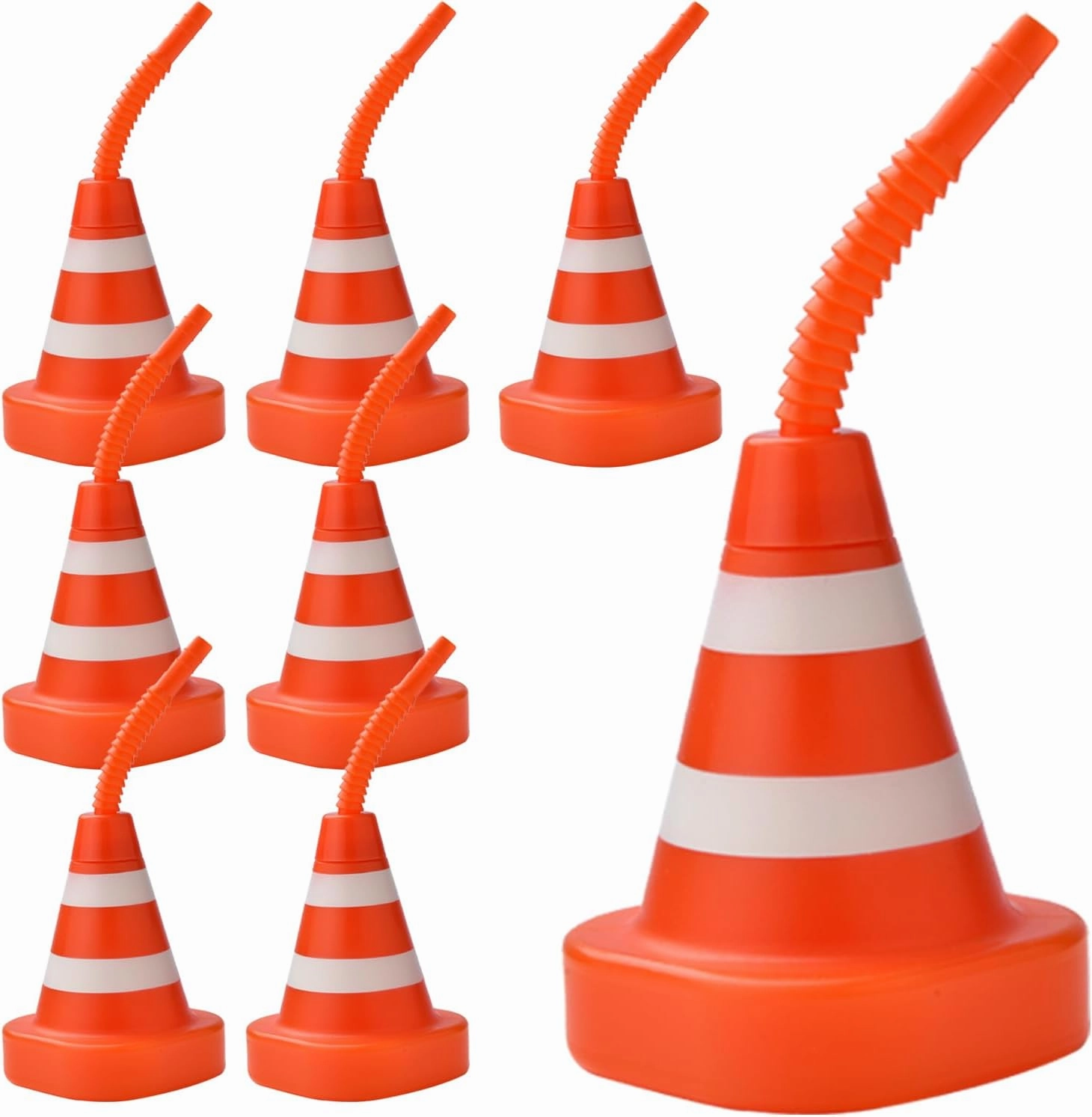 8-Pack Construction Cone Cups Set, 10 oz Kids Party Favor Cups with Straws Bulk for Construction Traffic Theme Racing Car Birthday Party Supplies