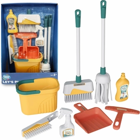 8-Piece Cleaning Playset for Toddlers - Broom, Mop, Pail, Dustpan, Brush, Squeegee, and Pretend Bottles - Perfect for Imaginative Play and Skill Building