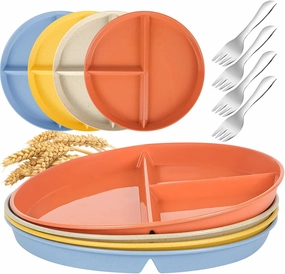 8Pcs Portion Control Divided Bariatric 9Inch Plates for Adults Kids, Wheat Straw Plates Microwave & Dishwasher Safe, Lightweight Unbreakable Reusable BPA Free (4 Sets)
