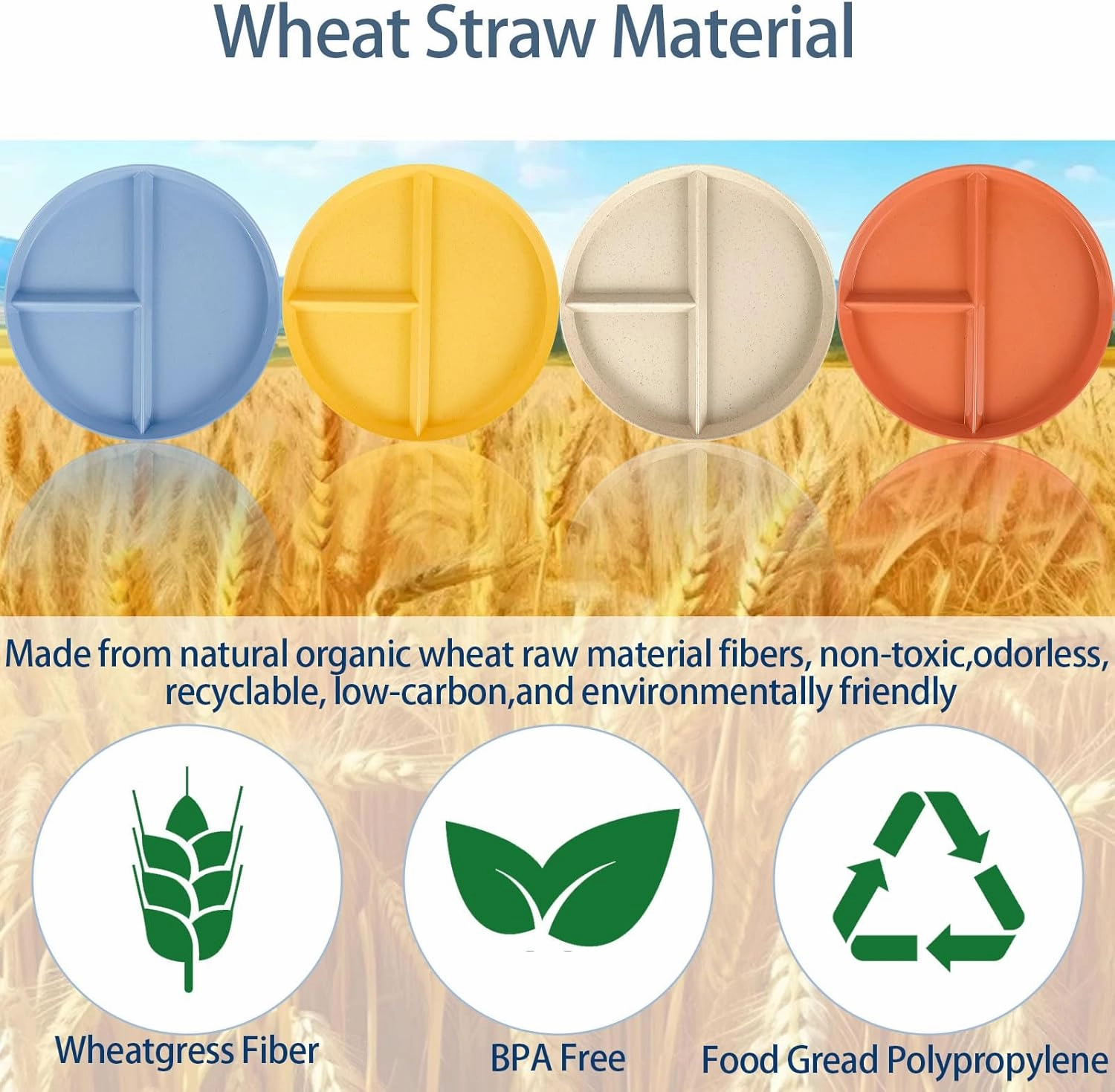 8Pcs Portion Control Divided Bariatric 9Inch Plates for Adults Kids, Wheat Straw Plates Microwave & Dishwasher Safe, Lightweight Unbreakable Reusable BPA Free (4 Sets)