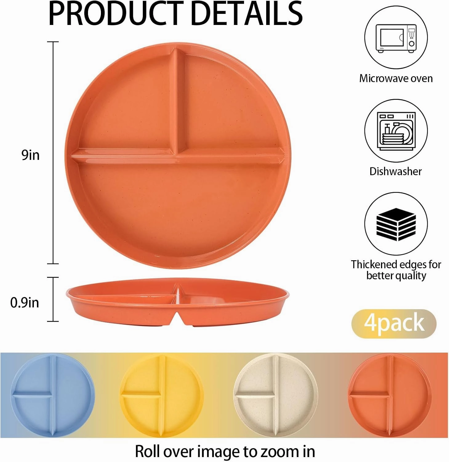 8Pcs Portion Control Divided Bariatric 9Inch Plates for Adults Kids, Wheat Straw Plates Microwave & Dishwasher Safe, Lightweight Unbreakable Reusable BPA Free (4 Sets)