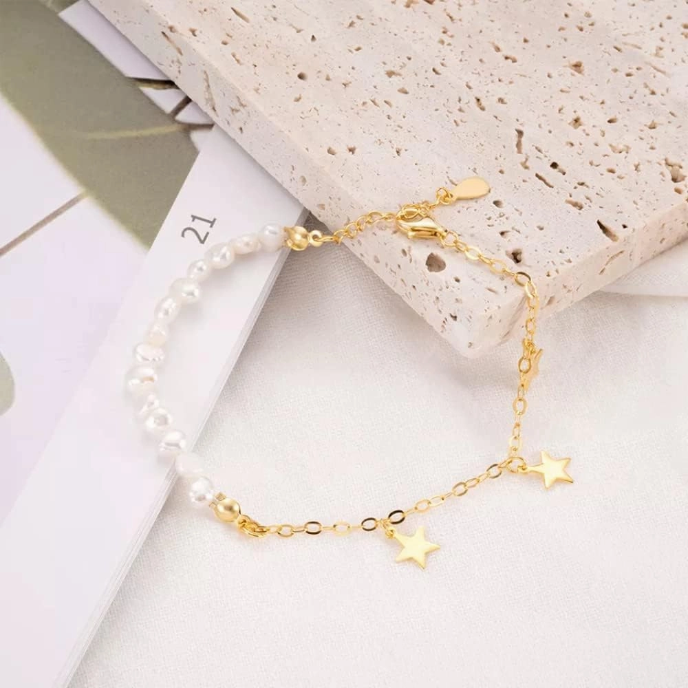 925 Sterling Silver 18K Gold Plated Dainty Paperclip Freshwater Pearls Cuban Chain Link Layered Bracelet Or Ankelt, 7"   1" Extender, Hypoallergenic Nickel Free