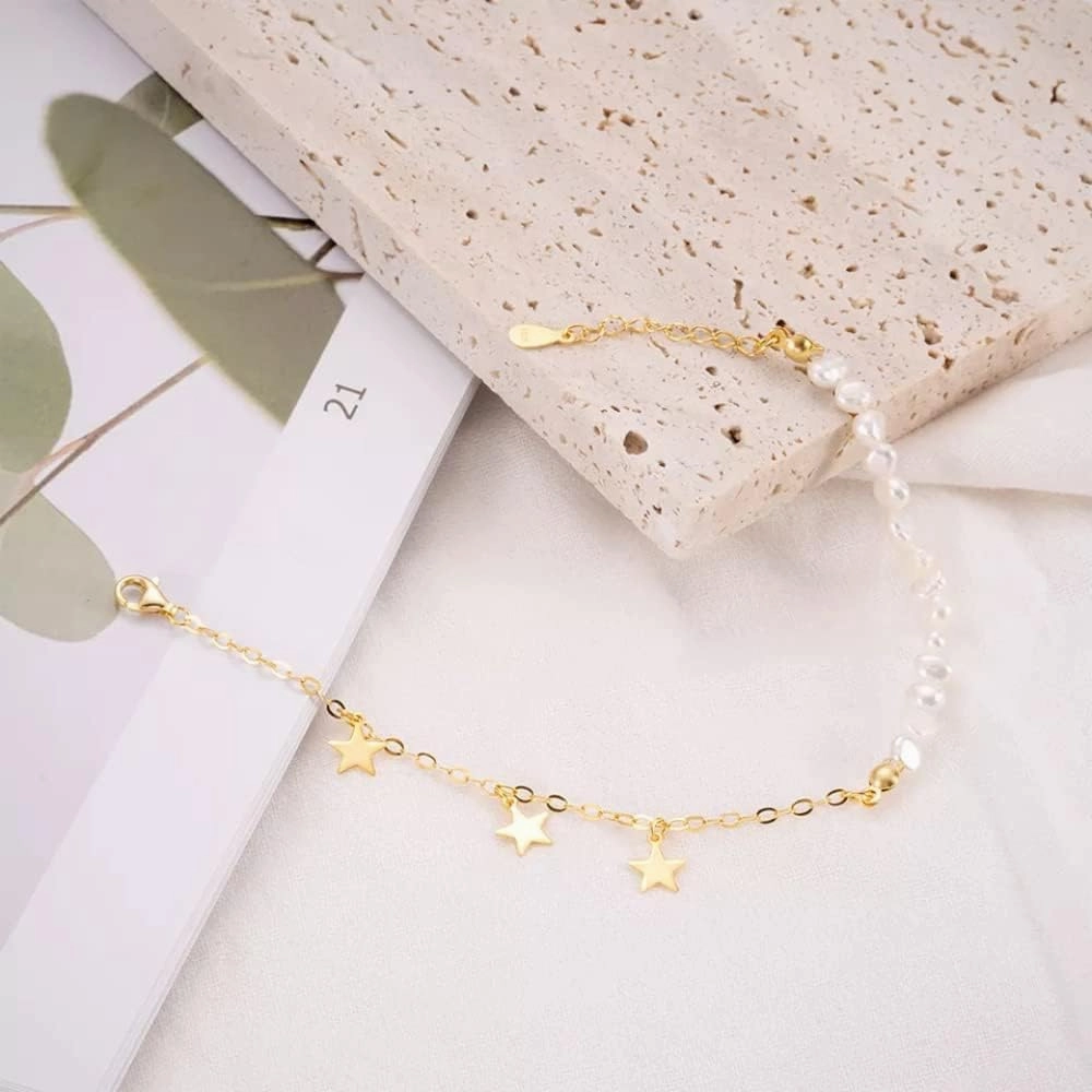 925 Sterling Silver 18K Gold Plated Dainty Paperclip Freshwater Pearls Cuban Chain Link Layered Bracelet Or Ankelt, 7"   1" Extender, Hypoallergenic Nickel Free
