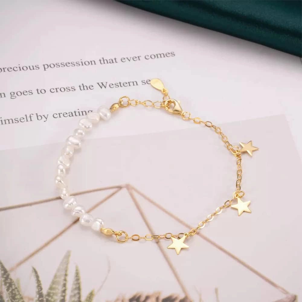 925 Sterling Silver 18K Gold Plated Dainty Paperclip Freshwater Pearls Cuban Chain Link Layered Bracelet Or Ankelt, 7"   1" Extender, Hypoallergenic Nickel Free