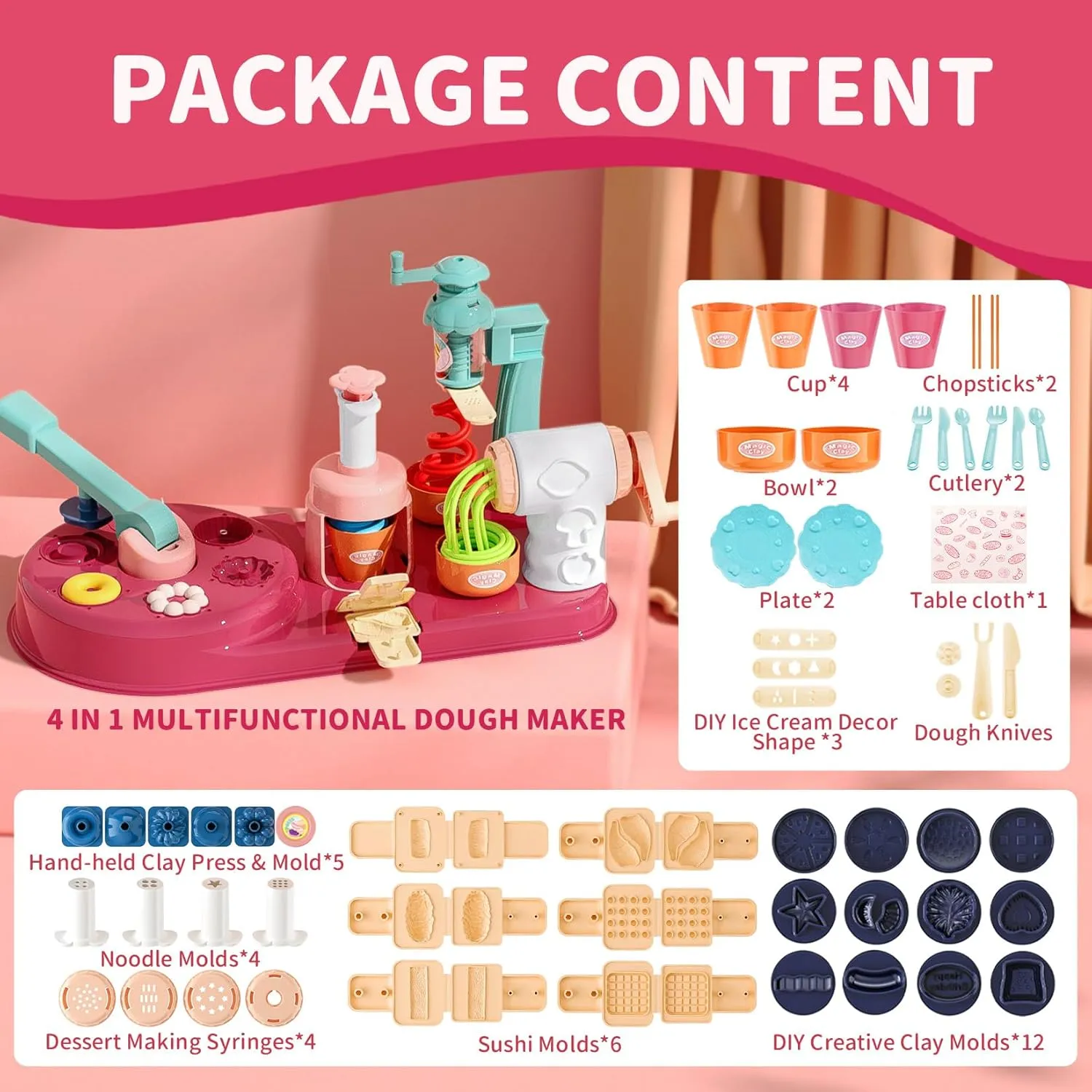92PCS PlayDough Sets for Kid Ages 4-8, 4 in 1 Play Dough Ice Cream Toddlers' Play Kitchen Set Dough Play for Creations Making Noodle/Ice Cream/Cooking/Play Food (24 Pcs Dough Includes, 677-6
