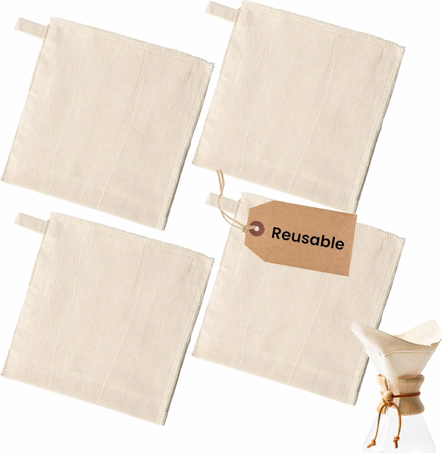 [4 Pack] Impresa Reusable Coffee Filters for Chemex Pour Over Coffee Maker 6-13 Cup Models - Cotton Filter Fabric w/Loop - Cloth Filter Washable
