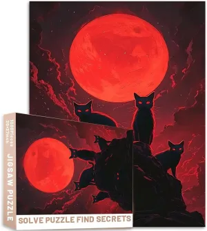 Abstract Black Cats Red Moon Abyss Puzzle Flat Art Style 27x20 Inches Adult Challenging Family Activity Games Colorful DIY Craft Puzzle for Home Decor Gifts
