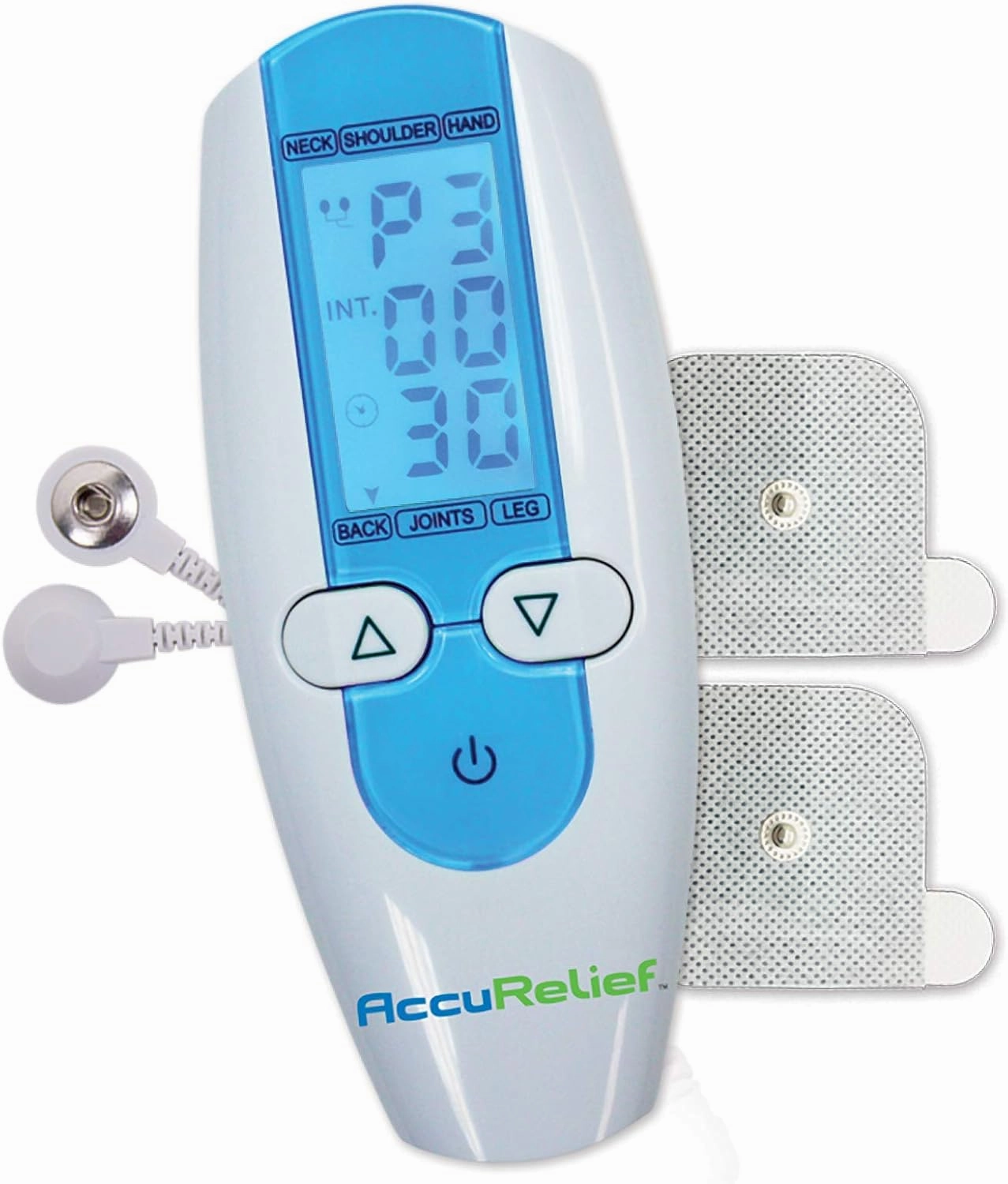 AccuRelief TENS Unit Muscle Stimulater Pain Relief System - Electric Muscle Stimulator with Electrodes for Neck, Back, and Full Body, White and Blue