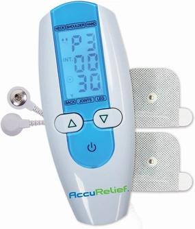 AccuRelief TENS Unit Muscle Stimulater Pain Relief System - Electric Muscle Stimulator with Electrodes for Neck, Back, and Full Body, White and Blue