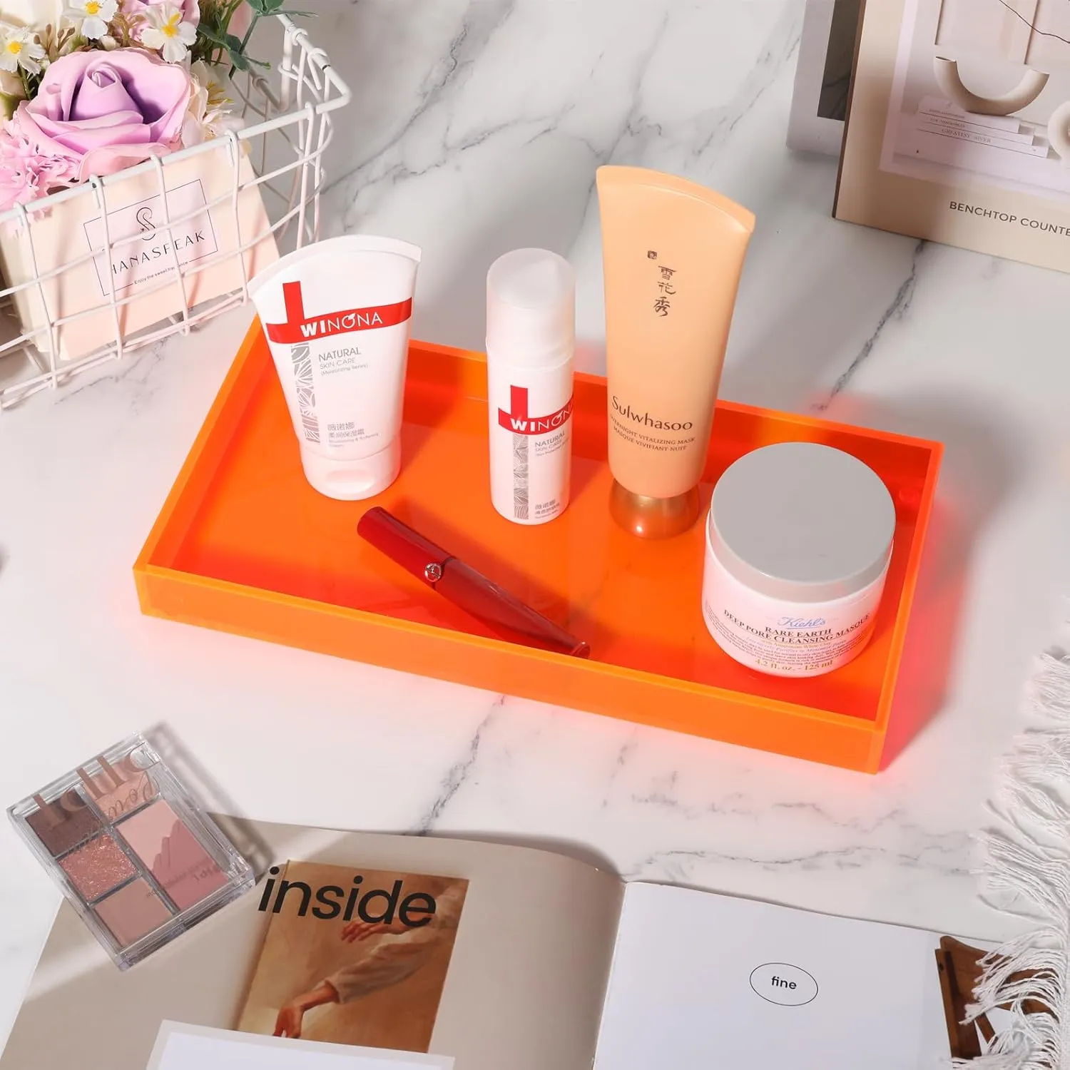 Acrylic Tray for Vanity Makeup Perfume Jewelry 12x6'' Small Decorative Tray for Bathroom Dresser Tops Candle Sink Counter, Neon Orange