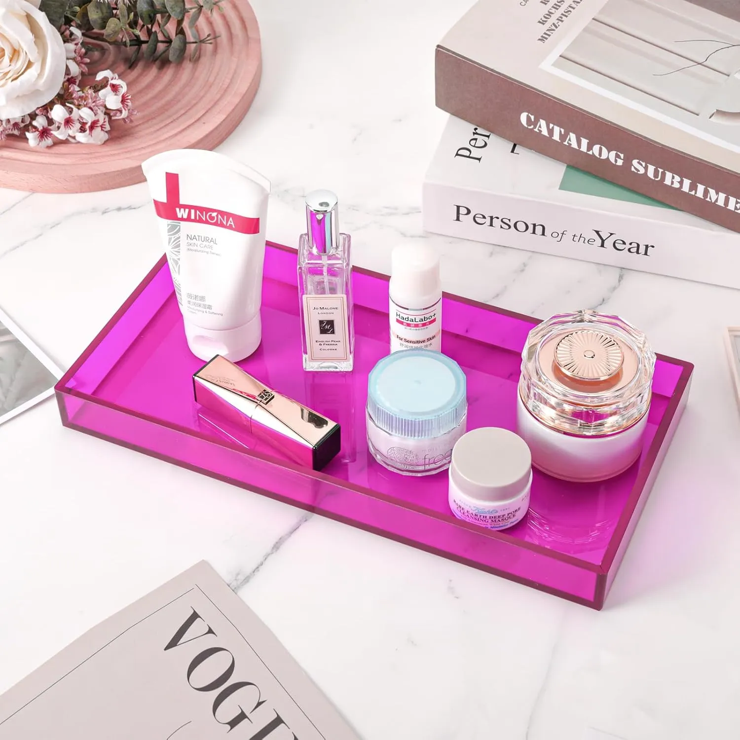 Acrylic Tray for Vanity Makeup Perfume Jewelry 12x6'' Small Decorative Tray for Bathroom Dresser Tops Candle Sink Counter, Purple