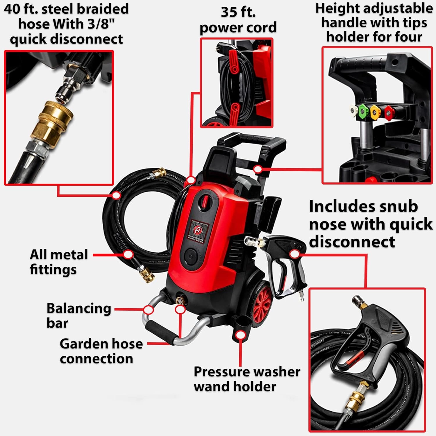 Adam's Polishes Electric Pressure Washer 2.0, Powerful 1.4 GPM 2000 PSI Car Pressure Washer Sprayer, Snub Nose & Tip Attachment, Use,Car Soap, Patio Boat RV Motorcycle Car Garage Deck