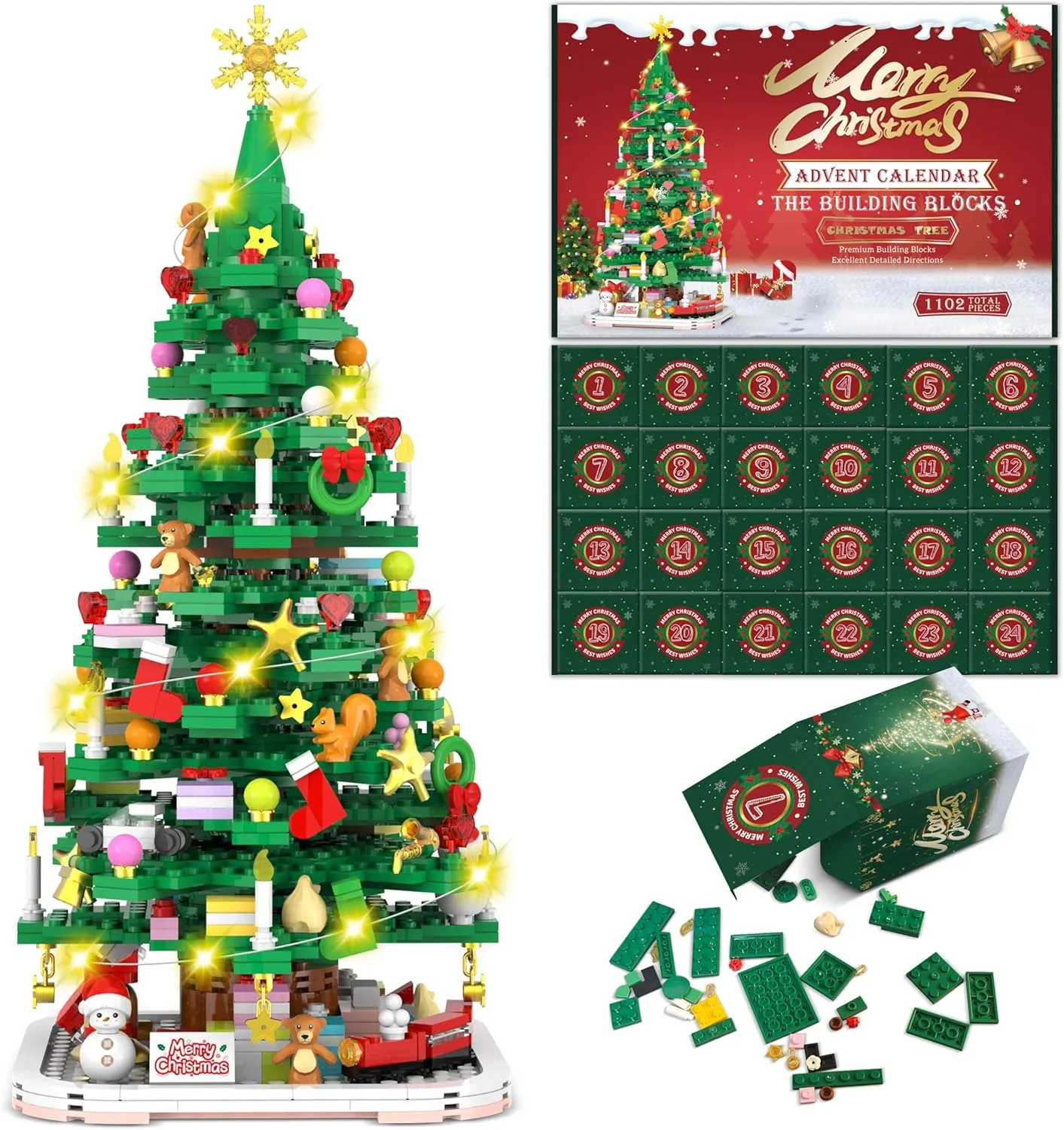 Advent Calendar 2025 Christmas Tree Building Toy Set with LED light, Christmas Countdown Calendar, 24 Days Building Block for Kids Adult Creative Gifts for Adults Teens Girls Ages 8 