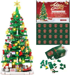 Advent Calendar 2025 Christmas Tree Building Toy Set with LED light, Christmas Countdown Calendar, 24 Days Building Block for Kids Adult Creative Gifts for Adults Teens Girls Ages 8 