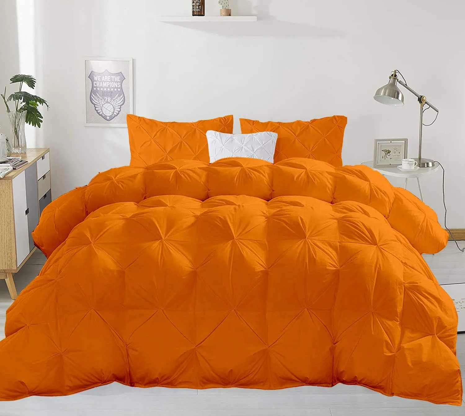 All Season 500 GSM Oversized King Size Orange Pinch Pleated Comforter Set 1000 Thread Count 5 Piece (Comforter   4 Pillowcases) Pintuck Bed in A Bag Pinch Pleat Bedding Sets