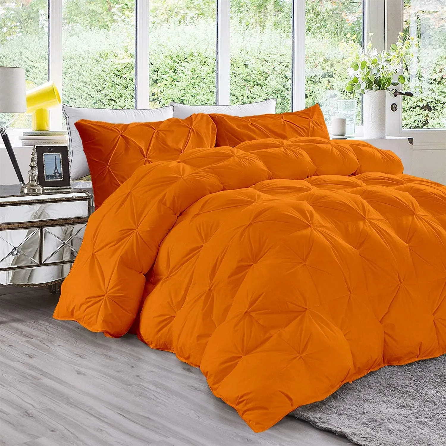All Season 500 GSM Oversized King Size Orange Pinch Pleated Comforter Set 1000 Thread Count 5 Piece (Comforter   4 Pillowcases) Pintuck Bed in A Bag Pinch Pleat Bedding Sets