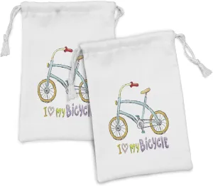 Ambesonne Bicycle Fabric Pouch Set of 2, I Love My Bicycle Words Print a Little Bike Pedals Cartoon, Small Drawstring Bag for Toiletries Masks and Favors, 9" x 6", Multicolor